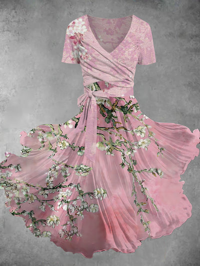 Women's Vintage Floral Art Print Cross Fold Short Sleeve Midi Dress