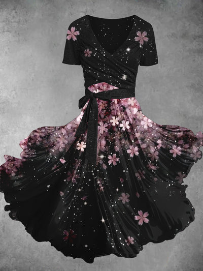 Vintage Floral Art Print V Neck Short Sleeve Midi Dress Two Piece Dress Set