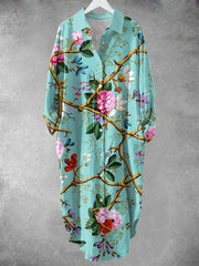 Women's Vintage Floral Art Print Shirt Midi Dress