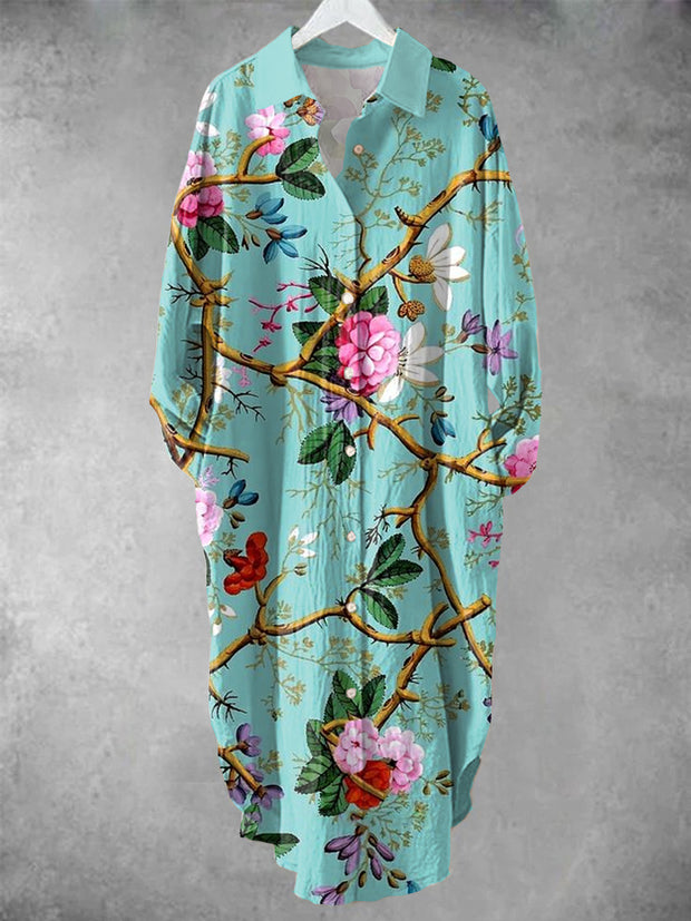 Women's Vintage Floral Art Print Shirt Midi Dress