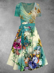Vintage Floral Art Print V-Neck Short Sleeve Midi Dress Two Piece Dress Set