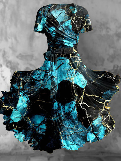 Marble Art Print Vintage V-Neck Short Sleeve Two-Piece Midi Dress