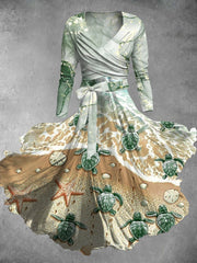Sea Turtle Art Print V-Neck Long Sleeve Two Piece Vintage Midi Dress