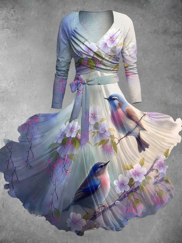 Vintage Floral BIrd Print V-Neck Long Sleeve Two-Piece Midi Dress