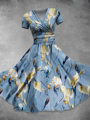Blue Floral Art Print Vintage Chic V-Neck Short Sleeve Elegant Midi Dress