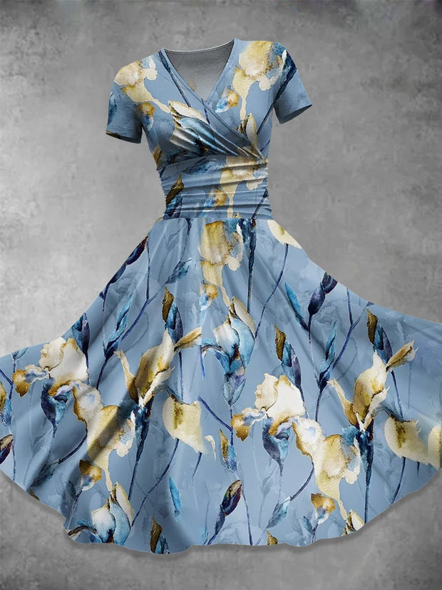 Blue Floral Art Print Vintage Chic V-Neck Short Sleeve Elegant Midi Dress