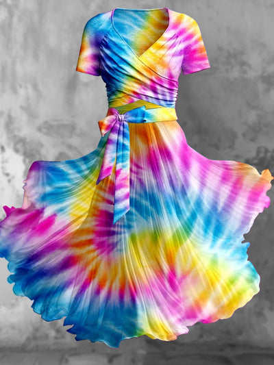 Tie Dye Art Print Retro Cross Fold Short Sleeve Two Piece Midi Dress