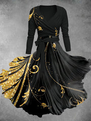 Gold Leaf Print Vintage V-Neck Long Sleeve Two-Piece Midi Dress
