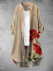 Poppy Art Art Print Elegant Vintage Lapel Loose Long Sleeve Shirt Dress