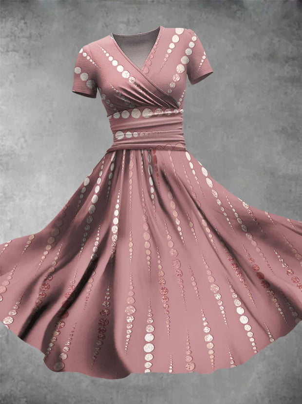 Art sequin polka dot print vintage chic V-neck short-sleeved elegant midi dress
