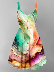 Abstract Color Art Printed Vintage V-Neck Strap Sleeveless Button Trim Midi Dress