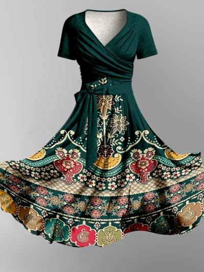 Vintage Floral Art Print Short Sleeve Two-Piece Midi Dress