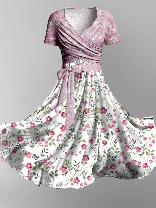 Vintage Floral Art Print Short Sleeve Two-Piece Midi Dress