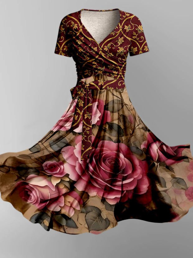 Vintage Floral Art Print Sleeve Short Sleeve Two-Piece Midi Dress