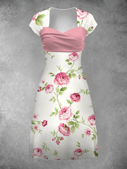 Vintage Floral Art Print V-Neck Short Sleeve Midi Dress