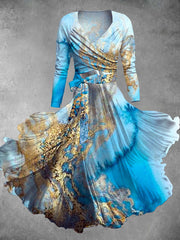 Abstract Marble Art Print Retro Long Sleeve Two Piece Midi Dress