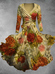 Vintage Floral Art Print Long Sleeve Two-Piece Midi Dress