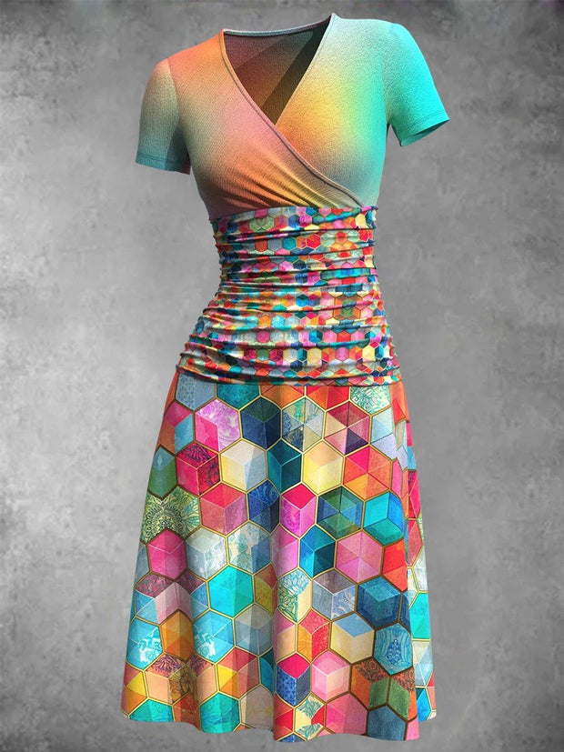 Gradient Geometric Art Print Vintage Pleated V-Neck Short-Sleeved Midi Dress
