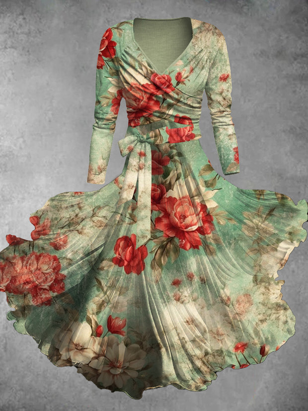 Floral Art Print Vintage Cross-Fold Long Sleeve Two-Piece Midi Dress