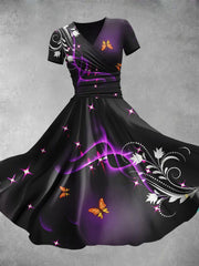 Abstract Glitter Butterfly Art Print Casual V-Neck Short-Sleeved Retro Style Midi Dress