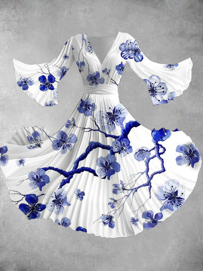 Vintage Floral Art Print V-Neck Long Sleeve Midi Dress