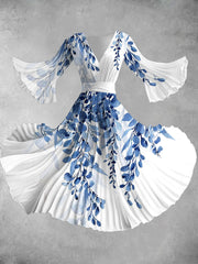 Blue Leaf Art Print Vintage V-Neck Long Sleeve Midi Dress