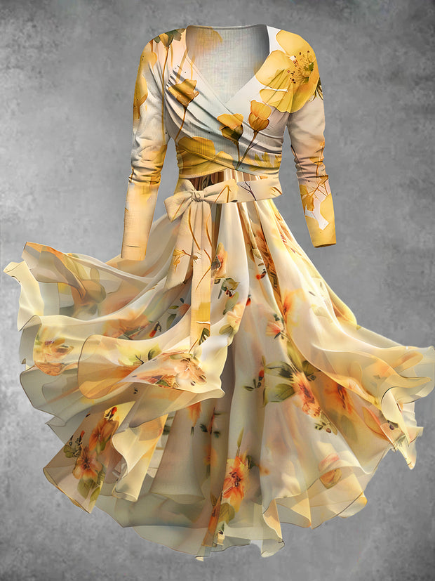 Vintage Floral Art Print Long Sleeve Two-Piece Midi Dress