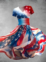 American Flag Art Print V-Neck Short Sleeve Flowy Midi Dress
