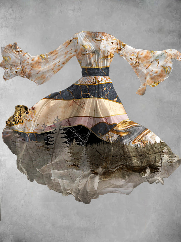 Abstract Glitter Art Print Vintage V-Neck Long Sleeve Flowy Midi Dress
