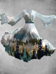 Abstract Nature Art Print Vintage V-Neck Long Sleeve Flowy Midi Dress