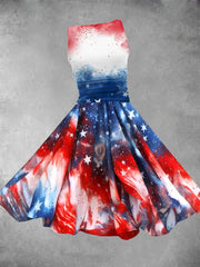 Retro Independence Day Flag Art Print Vintage Sleeveless Flowing Midi Dress