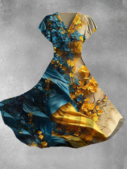 Abstract Floral Art Print Vintage V-Neck Short-Sleeve Flowy Midi Dress
