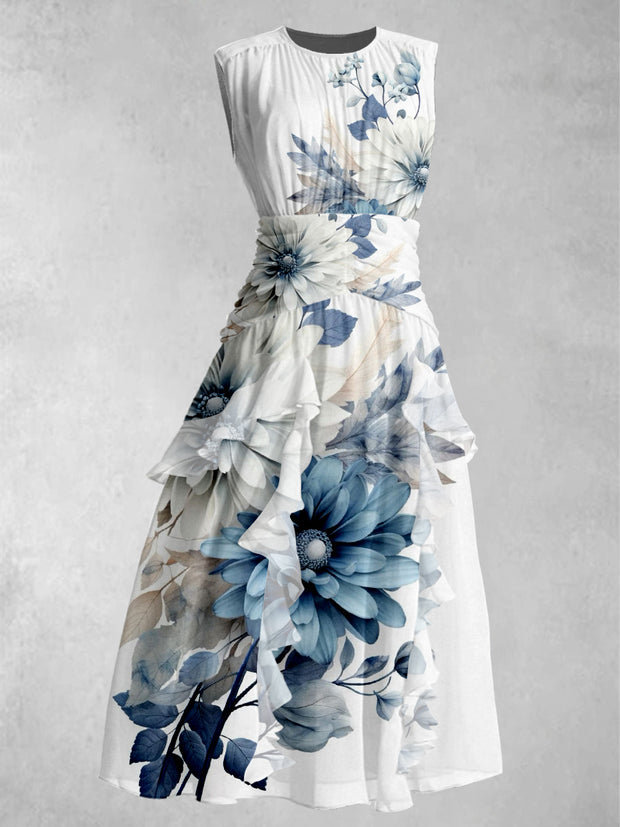 Floral Art Print V-Neck 50's Vintage Chic Chiffon Sleeveless Maxi Dress