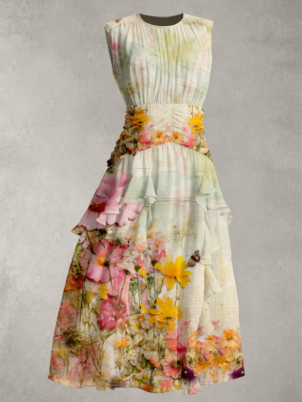 Floral Art Print Round Neck 50's Vintage Chic Chiffon Sleeveless Maxi Dress