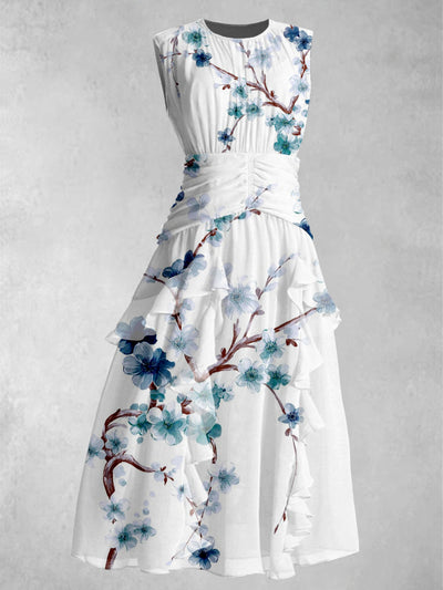 Floral Art Printed V-Neck 50's Vintage Chic Chiffon Sleeveless Maxi Dress