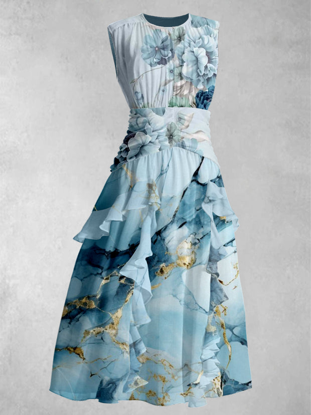 Abstract Floral Art Print Round Neck 50's Vintage Chic Chiffon Sleeveless Maxi Dress