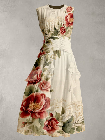Vintage Floral Art Print V-Neck 50's Chic Chiffon Sleeveless Maxi Dress