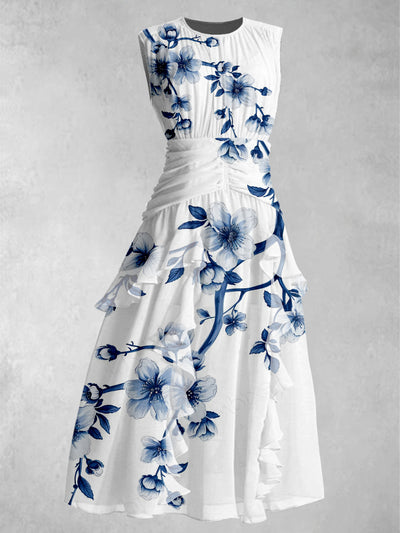 Floral Art Print V-Neck Vintage Chic Chiffon Sleeveless Maxi Dress