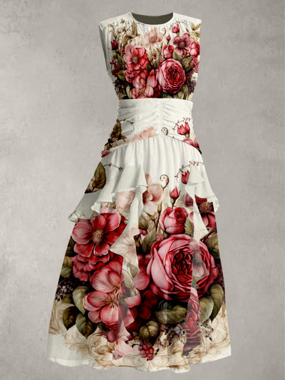 Floral Art Print V-Neck 50's Vintage Chic Chiffon Sleeveless Maxi Dress