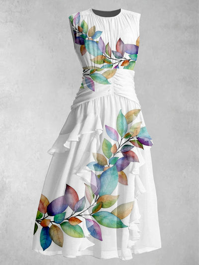 Leaves Art Print V-Neck 50's Vintage Chic Chiffon Sleeveless Maxi Dress