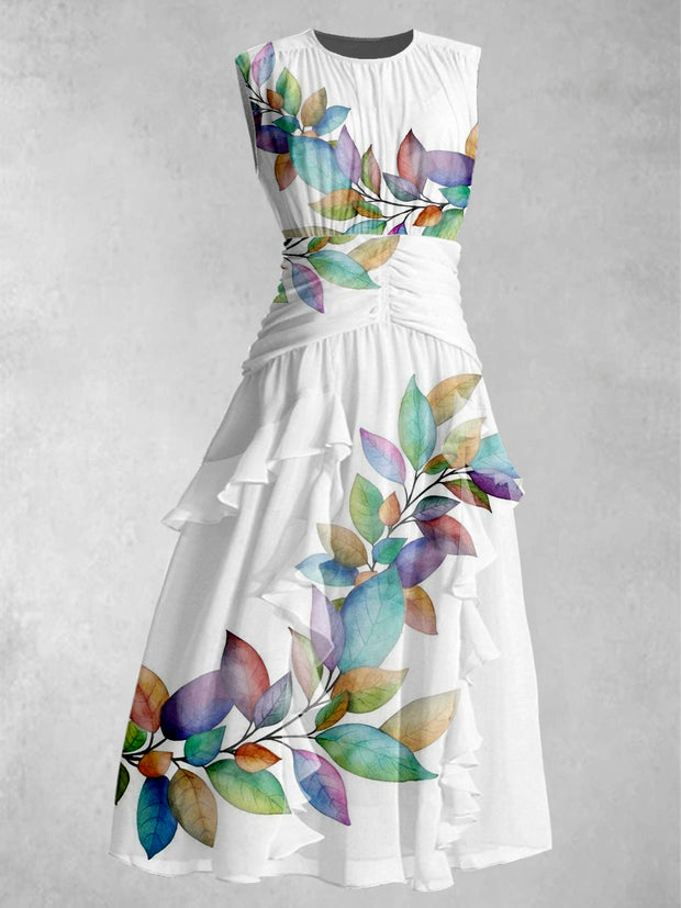 Leaves Art Print V-Neck 50's Vintage Chic Chiffon Sleeveless Maxi Dress