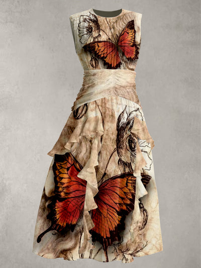 Butterfly Art Print V-Neck 50's Vintage Chic Chiffon Sleeveless Maxi Dress
