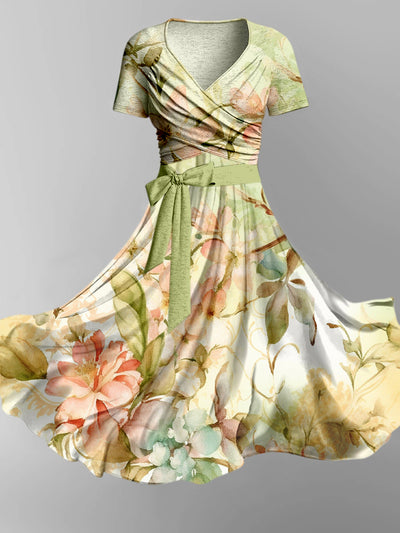 Floral Art Print Vintage Short Sleeve Two-Piece Midi Dress