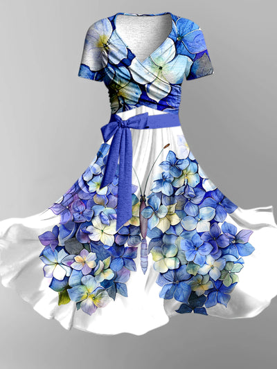 Floral Art Print Vintage Short Sleeve Two-Piece Midi Dress