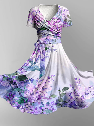 Floral Art Print Vintage V-Neck Short Sleeve Two-Piece Midi Dress