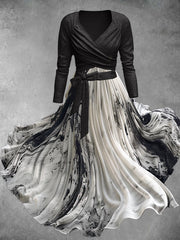 Abstract Gradient Marble Sfumato Art Print Vintage Long Sleeve Two-Piece Flowy Midi Dress