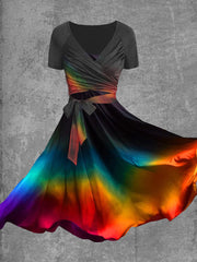 Abstract Gradient Rainbow Sfumato Art Print Vintage Cross-Fold Short Sleeve Two-Piece Flowing Midi Dress