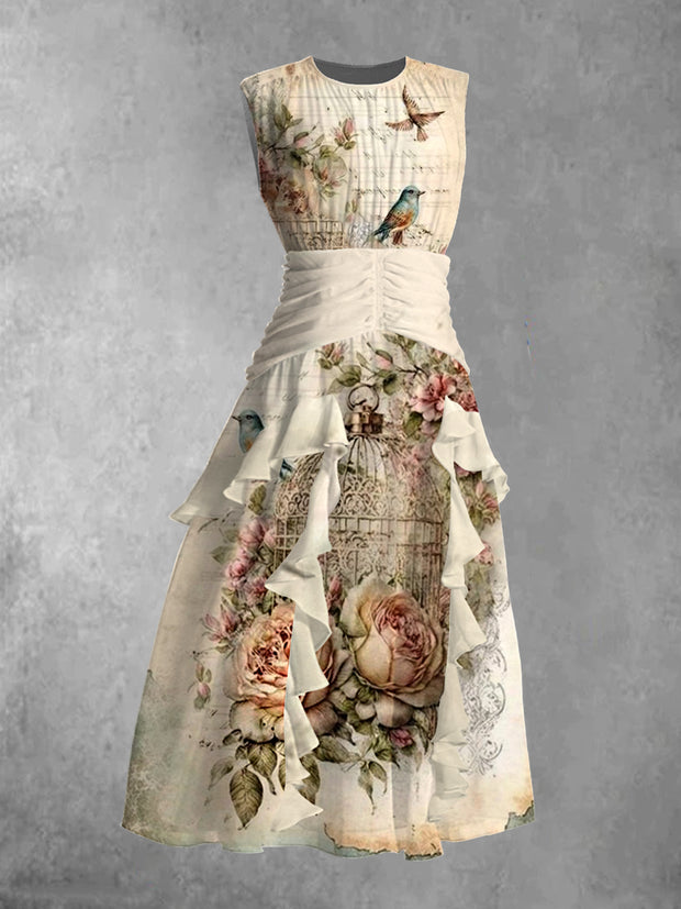 Women's Vintage Floral and Bird Art Print Round Neck Midi Skirt