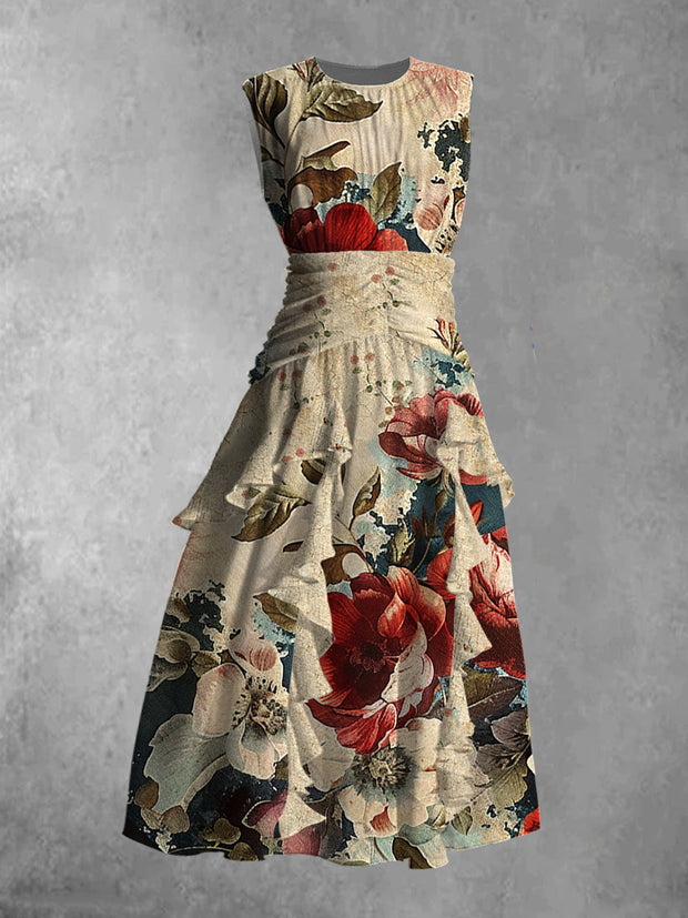 Retro Floral Art Print Round Neck Chic Sleeveless Maxi Dress