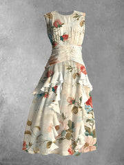 Retro Floral Art Print Round Neck Sleeveless Maxi Dress